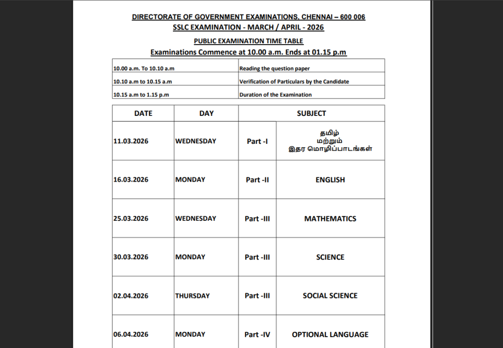 TN SSLC Time Table 2026 Pdf